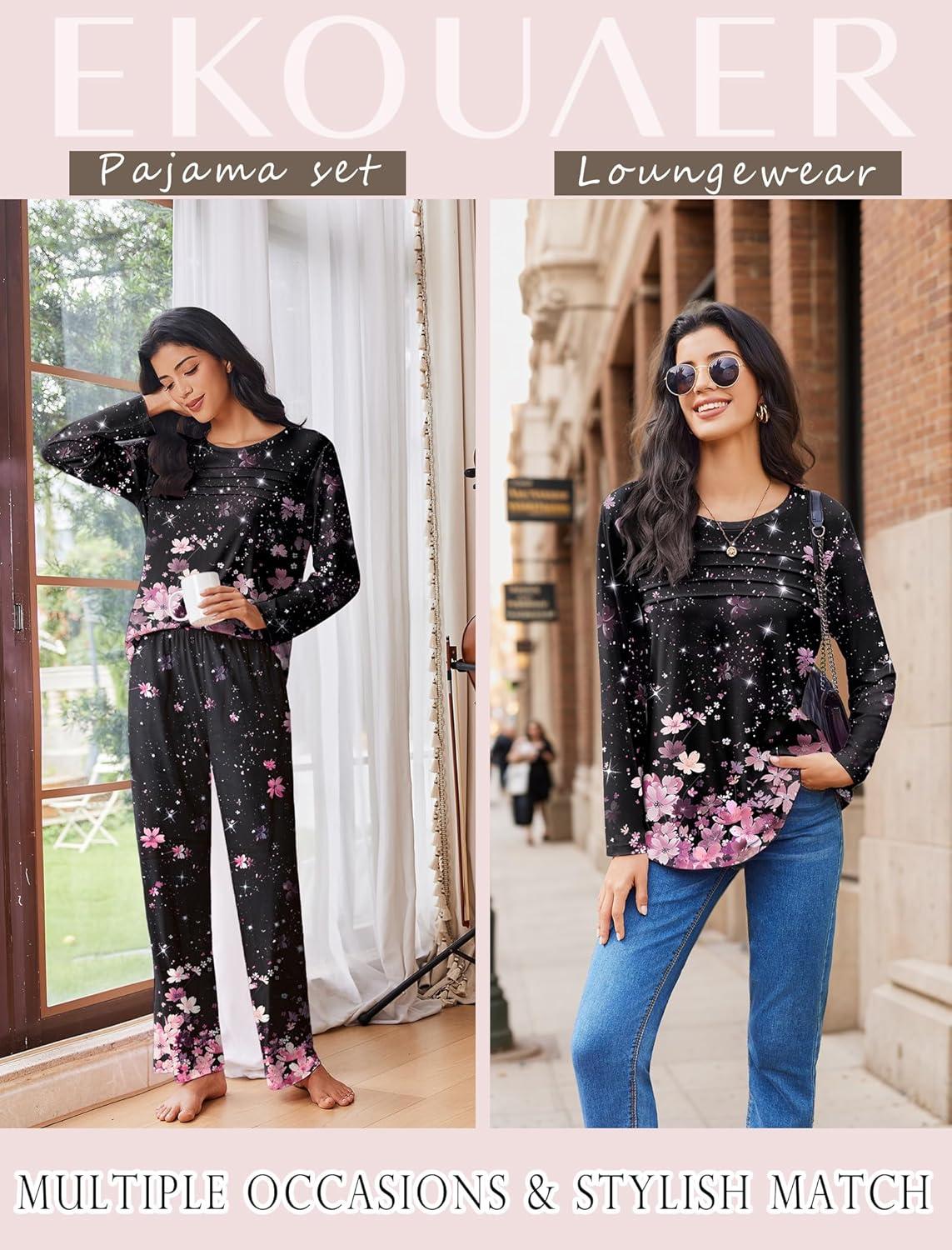 imageEkouaer Womens Pajama Sets Pleated Tops with Long Pants Lounge Set Long Sleeve Fall Sleepwear Ladies Pjs SXXLBlack Floral