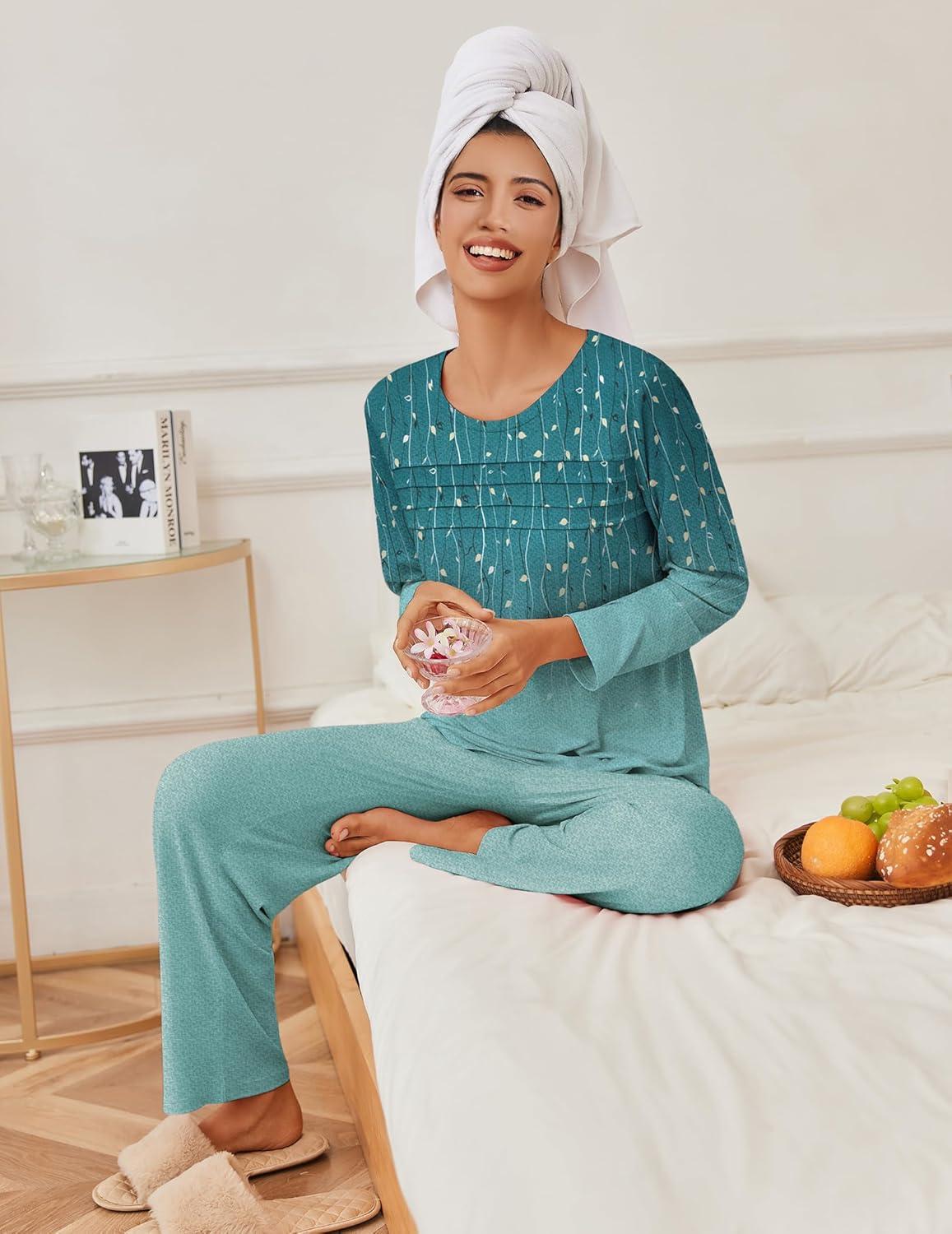 imageEkouaer Womens Pajama Sets Pleated Tops with Long Pants Lounge Set Long Sleeve Fall Sleepwear Ladies Pjs SXXLGreen Leaves