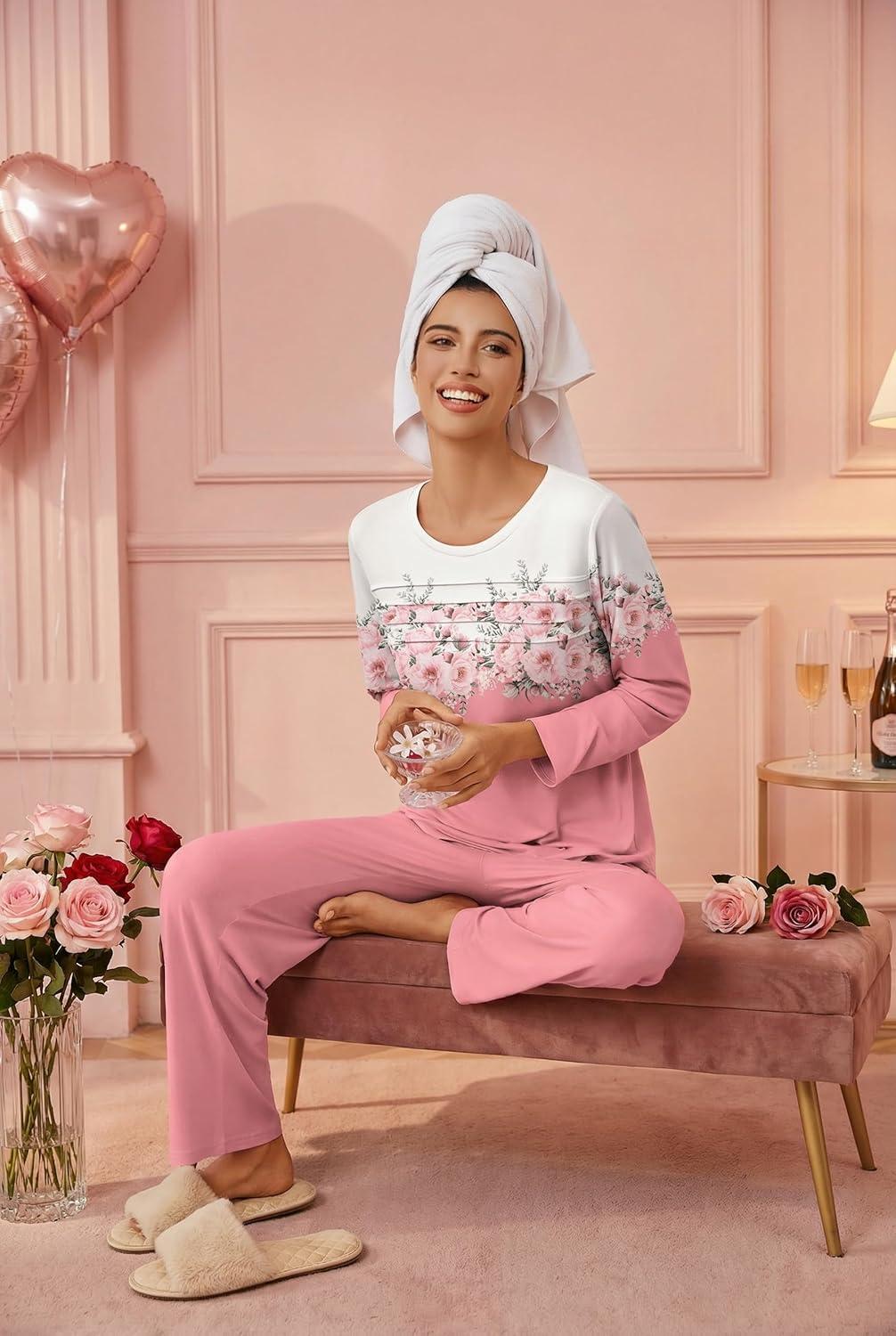 imageEkouaer Womens Pajama Sets Pleated Tops with Long Pants Lounge Set Long Sleeve Fall Sleepwear Ladies Pjs SXXLPink Floral