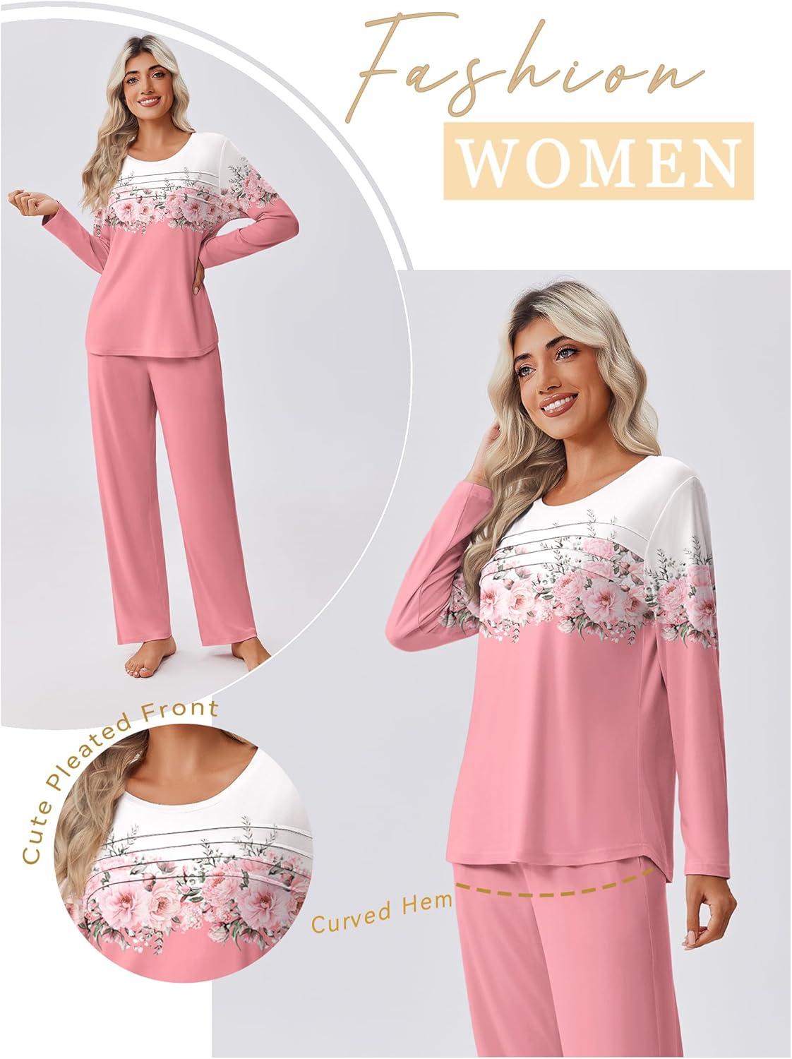 imageEkouaer Womens Pajama Sets Pleated Tops with Long Pants Lounge Set Long Sleeve Fall Sleepwear Ladies Pjs SXXLPink Floral