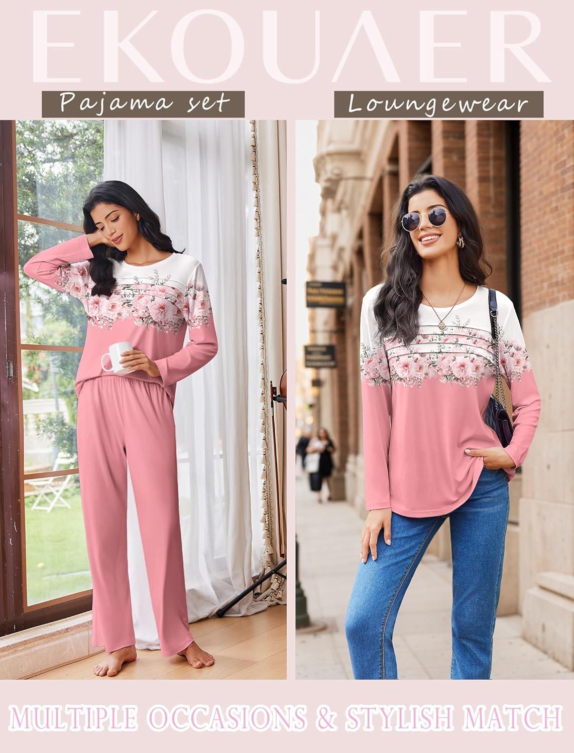 imageEkouaer Womens Pajama Sets Pleated Tops with Long Pants Lounge Set Long Sleeve Fall Sleepwear Ladies Pjs SXXLPink Floral