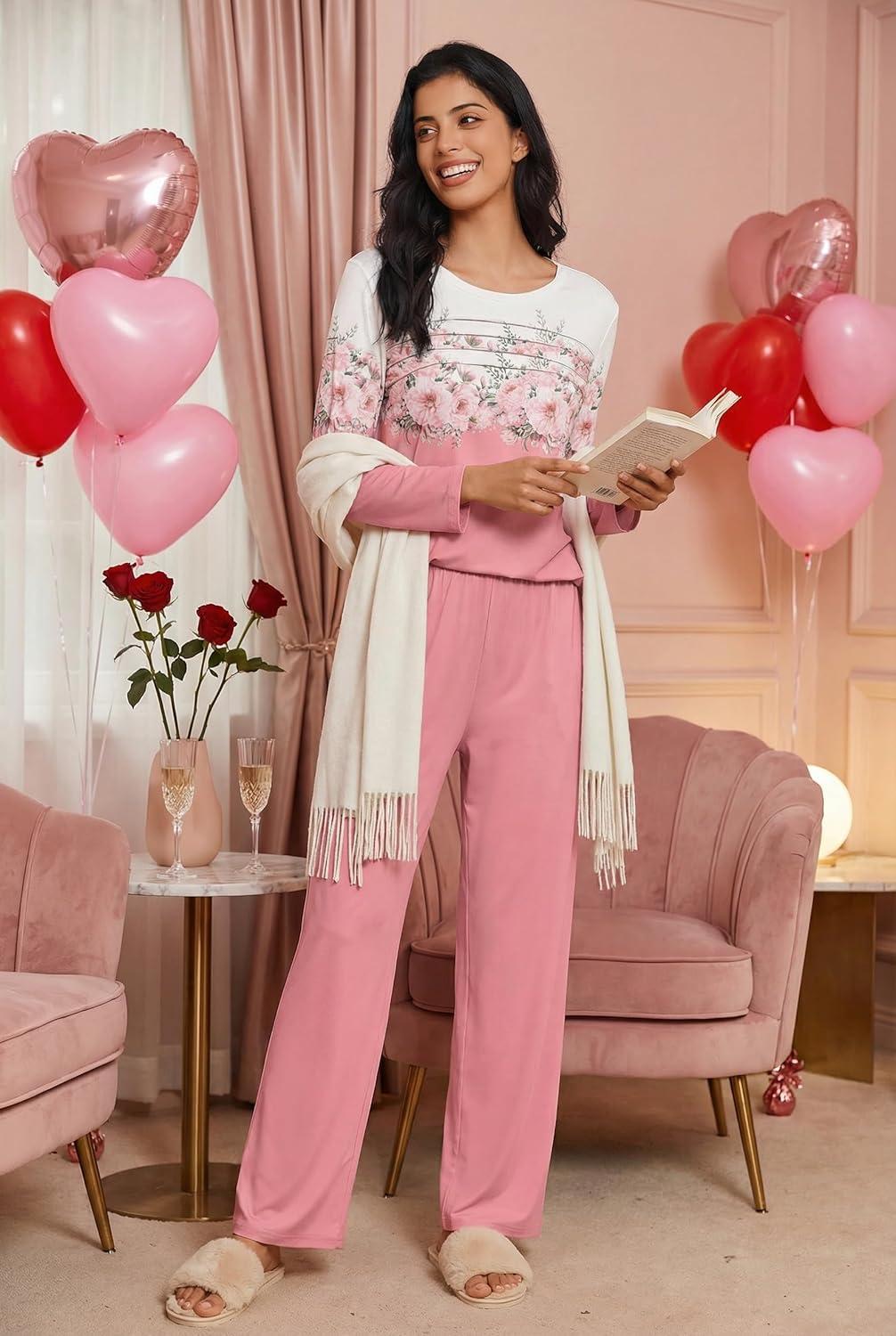 imageEkouaer Womens Pajama Sets Pleated Tops with Long Pants Lounge Set Long Sleeve Fall Sleepwear Ladies Pjs SXXLPink Floral