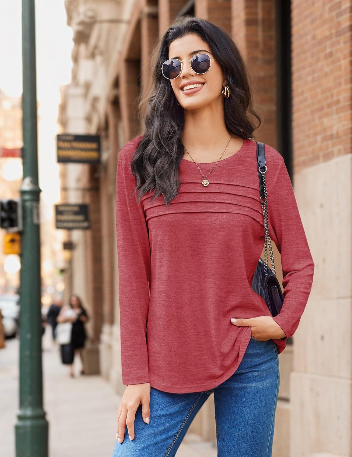 imageEkouaer Womens Pajama Sets Pleated Tops with Long Pants Lounge Set Long Sleeve Fall Sleepwear Ladies Pjs SXXLWine Red
