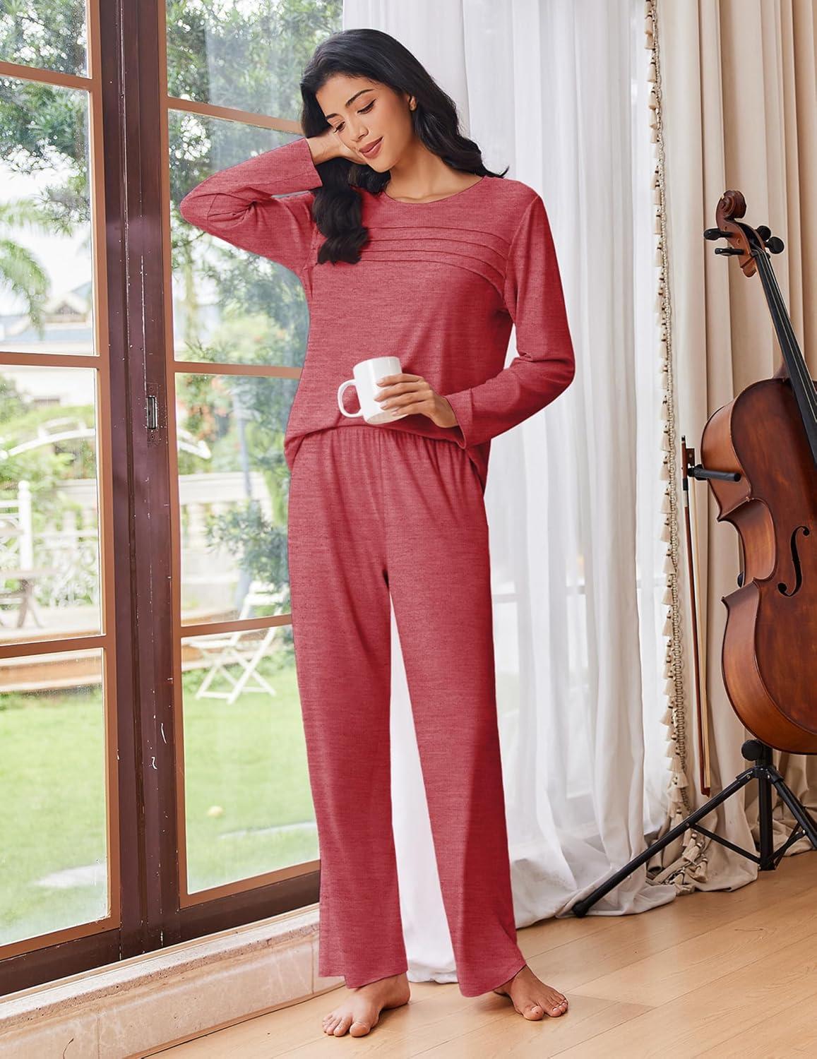imageEkouaer Womens Pajama Sets Pleated Tops with Long Pants Lounge Set Long Sleeve Fall Sleepwear Ladies Pjs SXXLWine Red