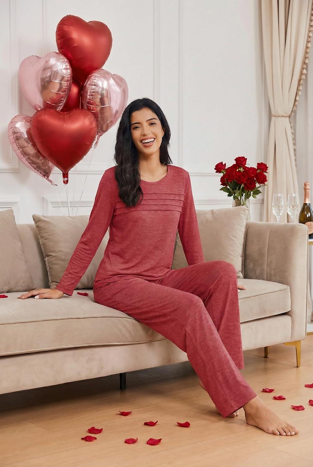 imageEkouaer Womens Pajama Sets Pleated Tops with Long Pants Lounge Set Long Sleeve Fall Sleepwear Ladies Pjs SXXLWine Red