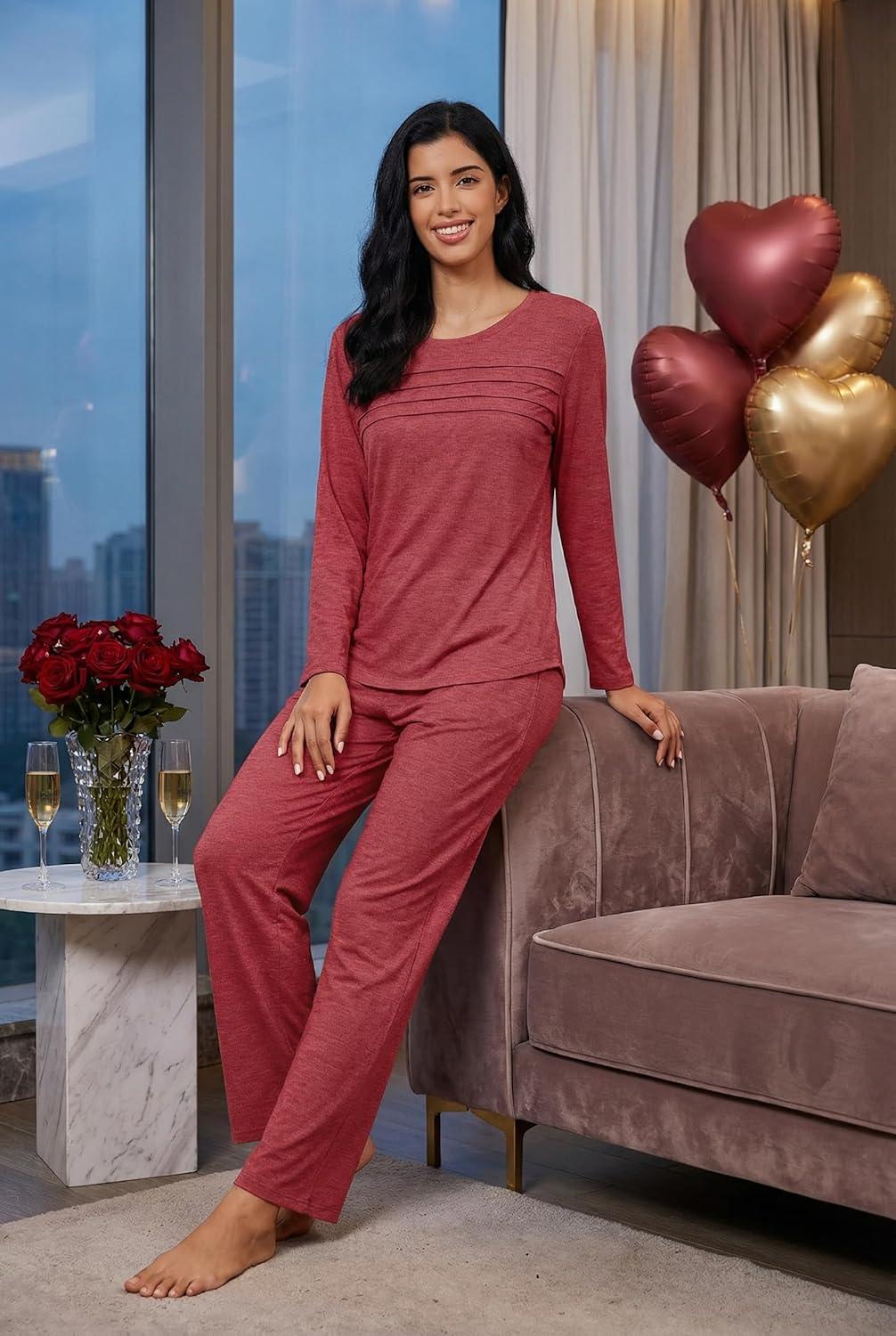 imageEkouaer Womens Pajama Sets Pleated Tops with Long Pants Lounge Set Long Sleeve Fall Sleepwear Ladies Pjs SXXLWine Red