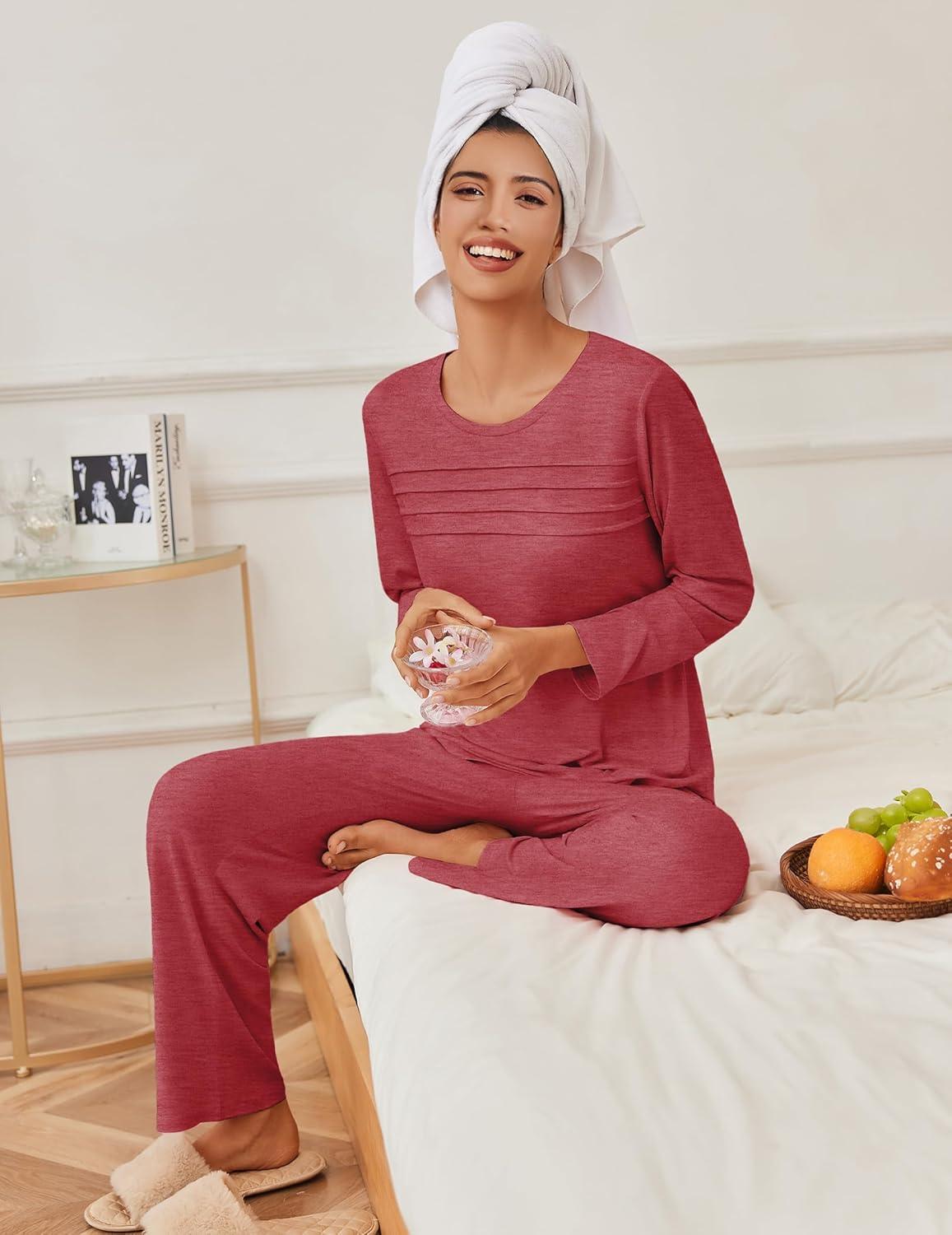 imageEkouaer Womens Pajama Sets Pleated Tops with Long Pants Lounge Set Long Sleeve Fall Sleepwear Ladies Pjs SXXLWine Red