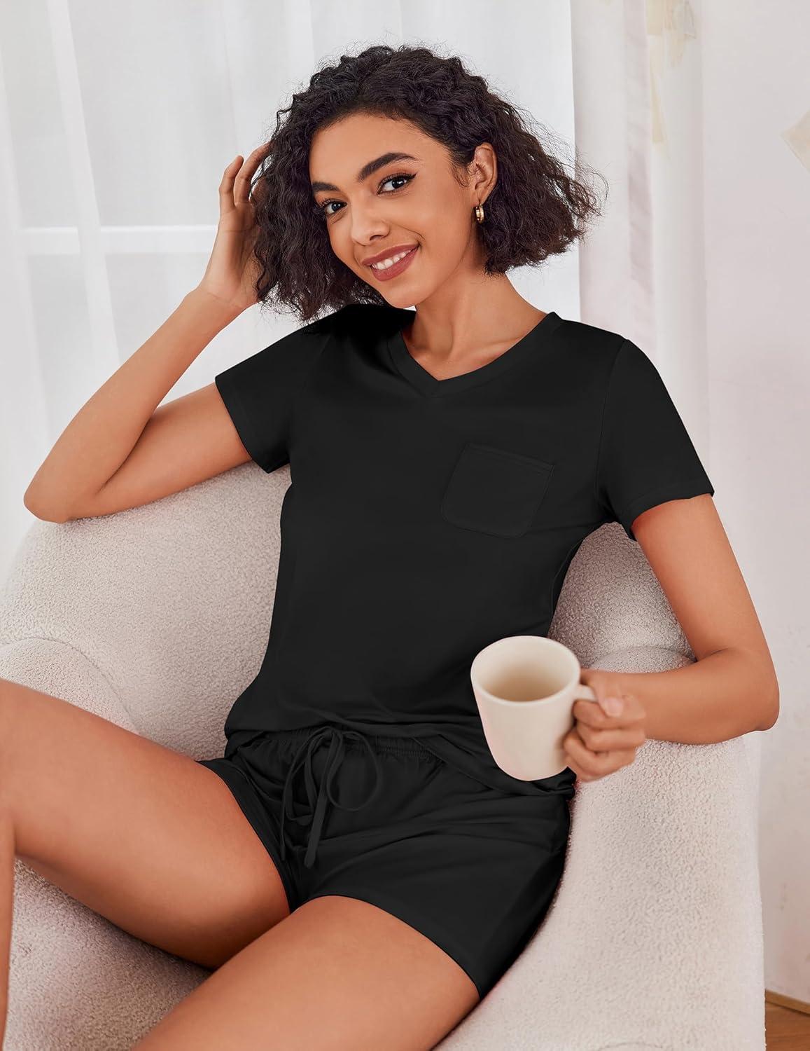 imageEkouaer Womens Pajama Sets Short Sleeve Pajamas for Women Sets Soft Lounge Sets Casual V Neck Sleepwear PJSBlack