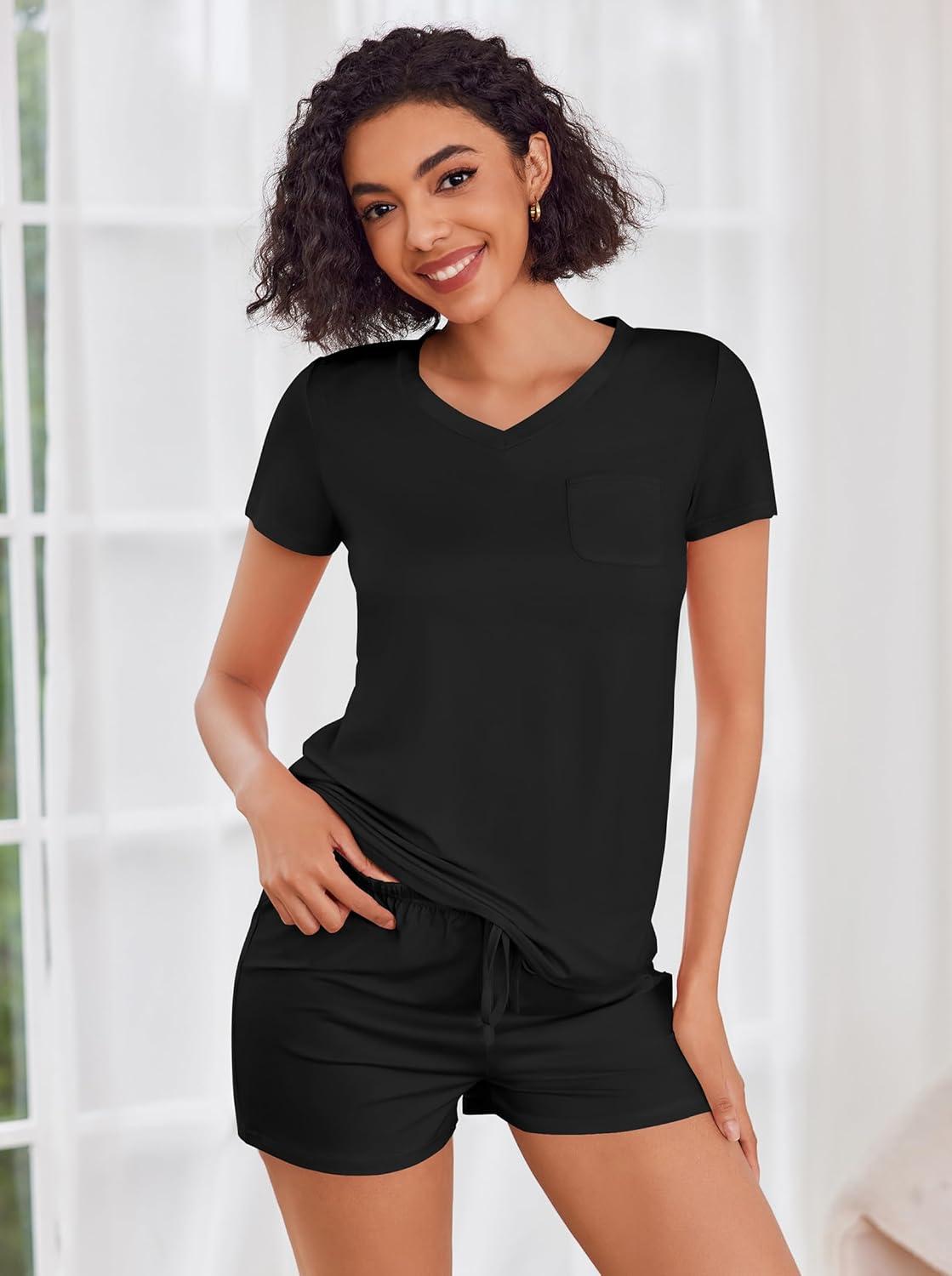imageEkouaer Womens Pajama Sets Short Sleeve Pajamas for Women Sets Soft Lounge Sets Casual V Neck Sleepwear PJSBlack