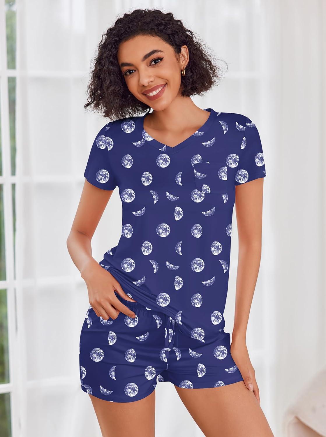 imageEkouaer Womens Pajama Sets Short Sleeve Pajamas for Women Sets Soft Lounge Sets Casual V Neck Sleepwear PJSBlue Moon