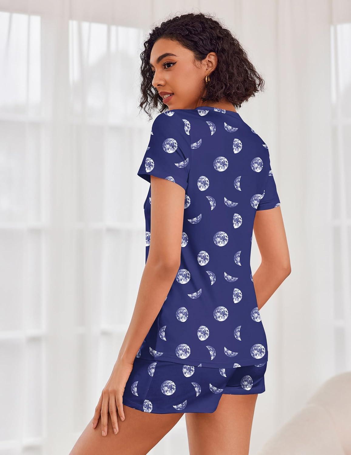 imageEkouaer Womens Pajama Sets Short Sleeve Pajamas for Women Sets Soft Lounge Sets Casual V Neck Sleepwear PJSBlue Moon