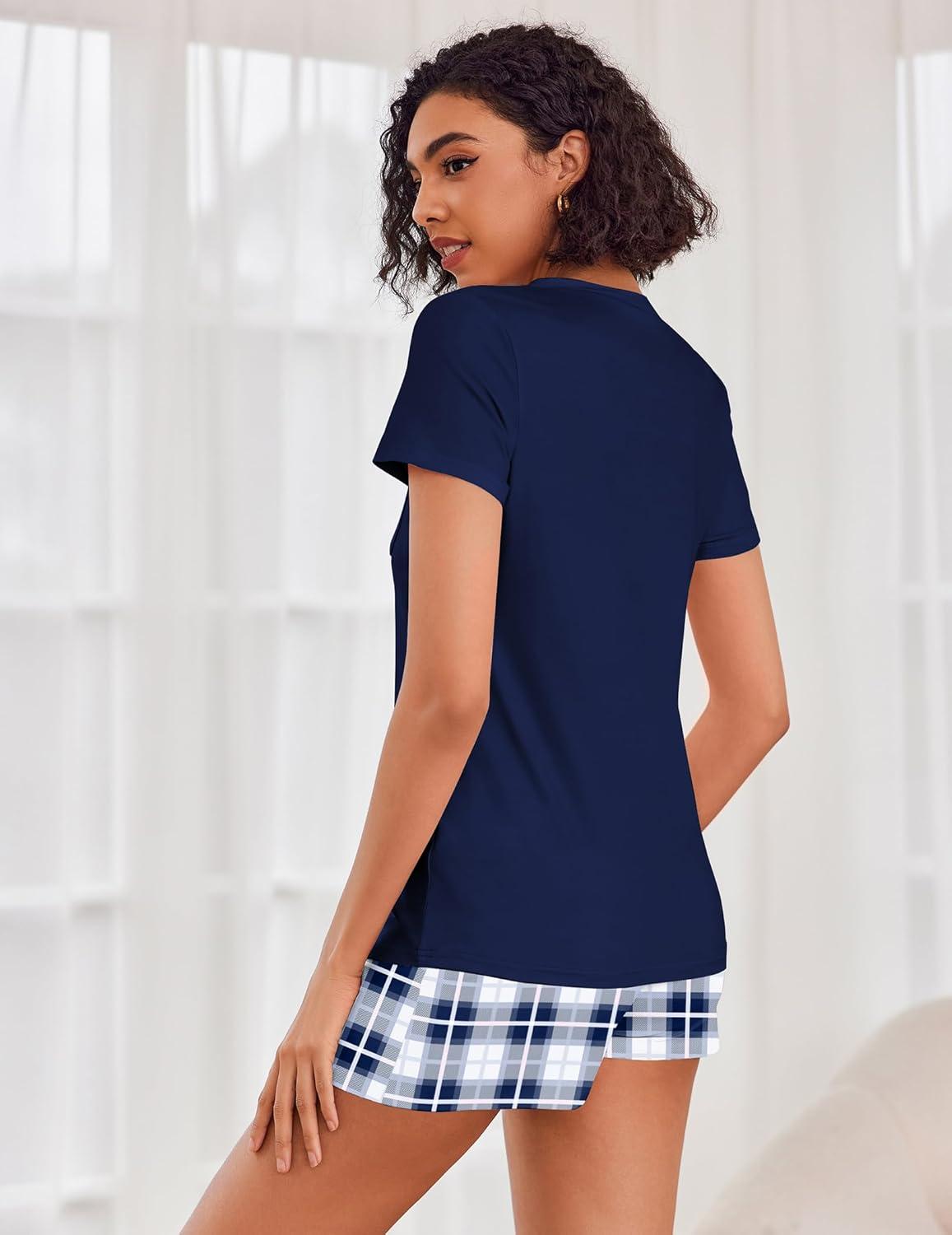 imageEkouaer Womens Pajama Sets Short Sleeve Pajamas for Women Sets Soft Lounge Sets Casual V Neck Sleepwear PJSBlue Plaid