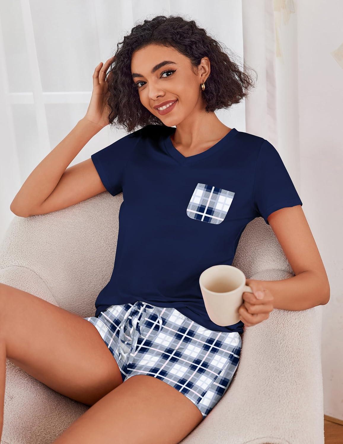imageEkouaer Womens Pajama Sets Short Sleeve Pajamas for Women Sets Soft Lounge Sets Casual V Neck Sleepwear PJSBlue Plaid