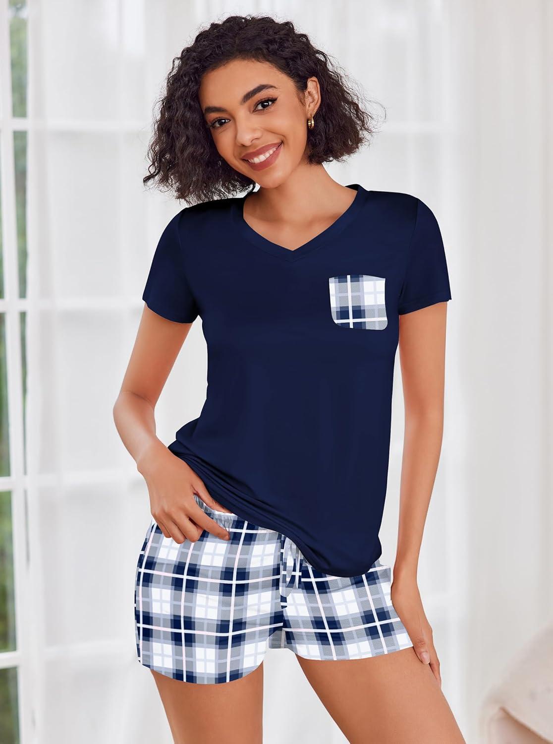 imageEkouaer Womens Pajama Sets Short Sleeve Pajamas for Women Sets Soft Lounge Sets Casual V Neck Sleepwear PJSBlue Plaid