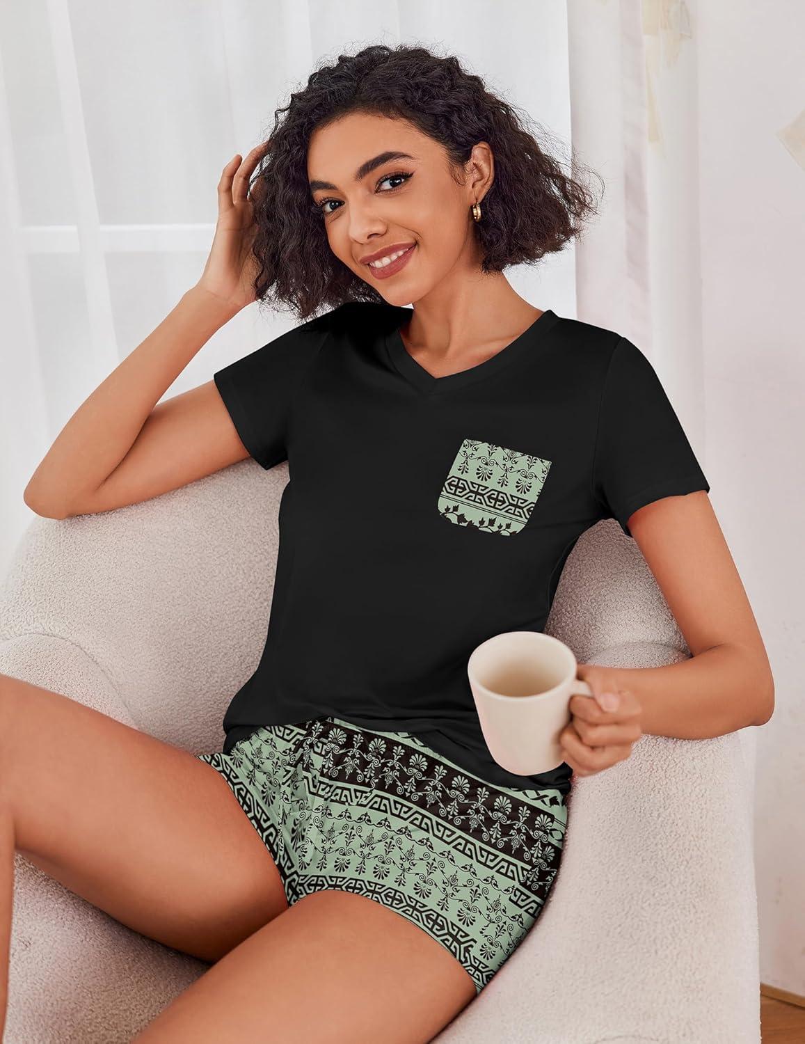 imageEkouaer Womens Pajama Sets Short Sleeve Pajamas for Women Sets Soft Lounge Sets Casual V Neck Sleepwear PJSBoho Vintage