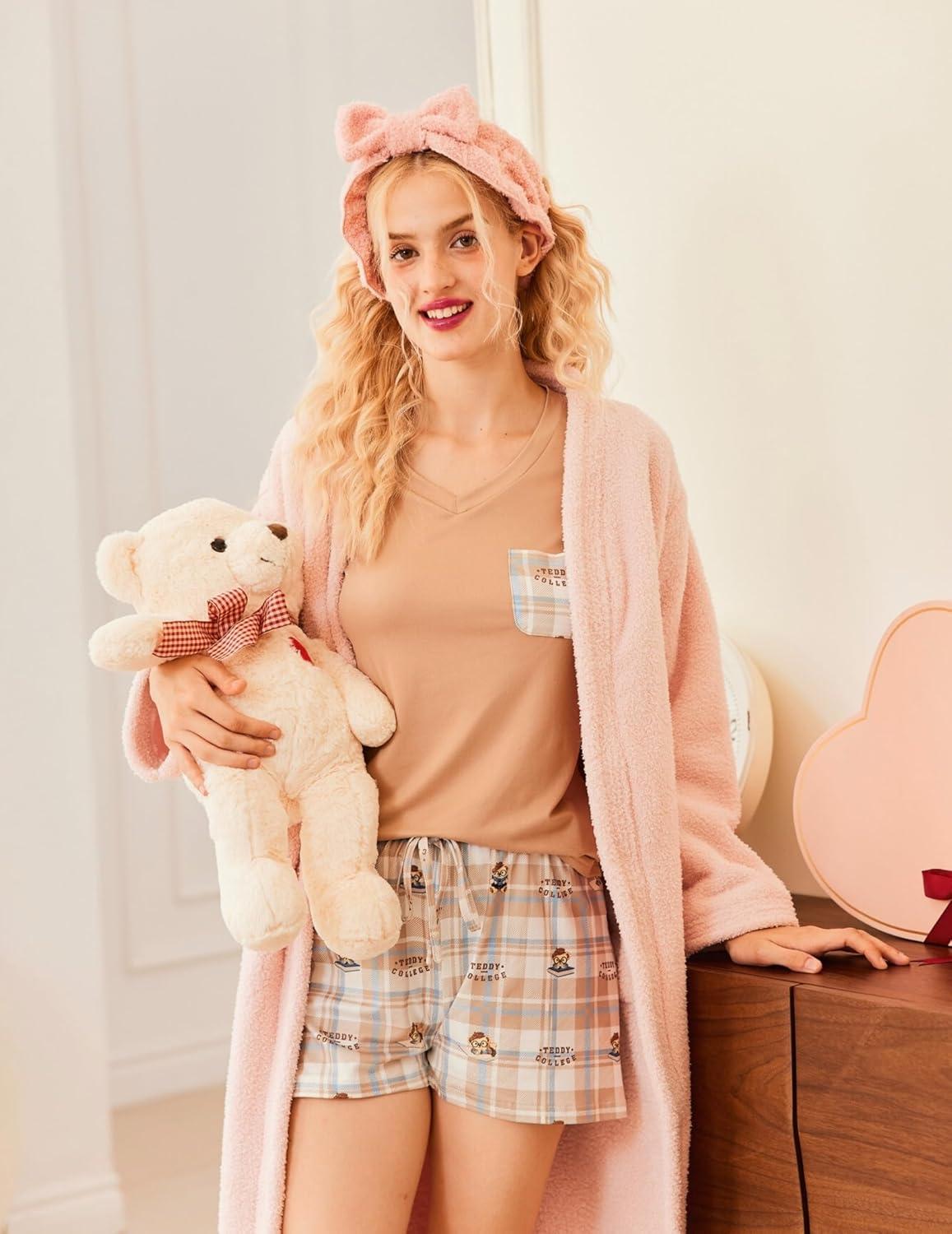 imageEkouaer Womens Pajama Sets Short Sleeve Pajamas for Women Sets Soft Lounge Sets Casual V Neck Sleepwear PJSKhaki Plaid Teddy