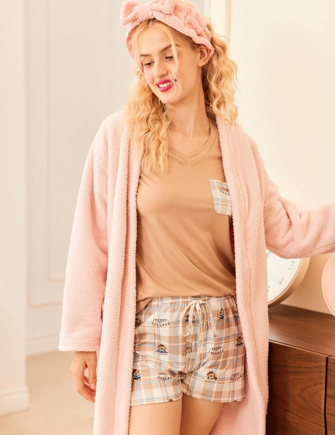 imageEkouaer Womens Pajama Sets Short Sleeve Pajamas for Women Sets Soft Lounge Sets Casual V Neck Sleepwear PJSKhaki Plaid Teddy
