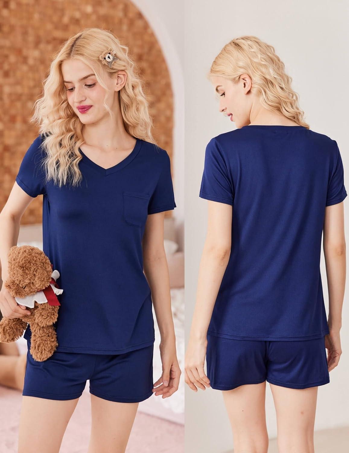 imageEkouaer Womens Pajama Sets Short Sleeve Pajamas for Women Sets Soft Lounge Sets Casual V Neck Sleepwear PJSNavy Blue