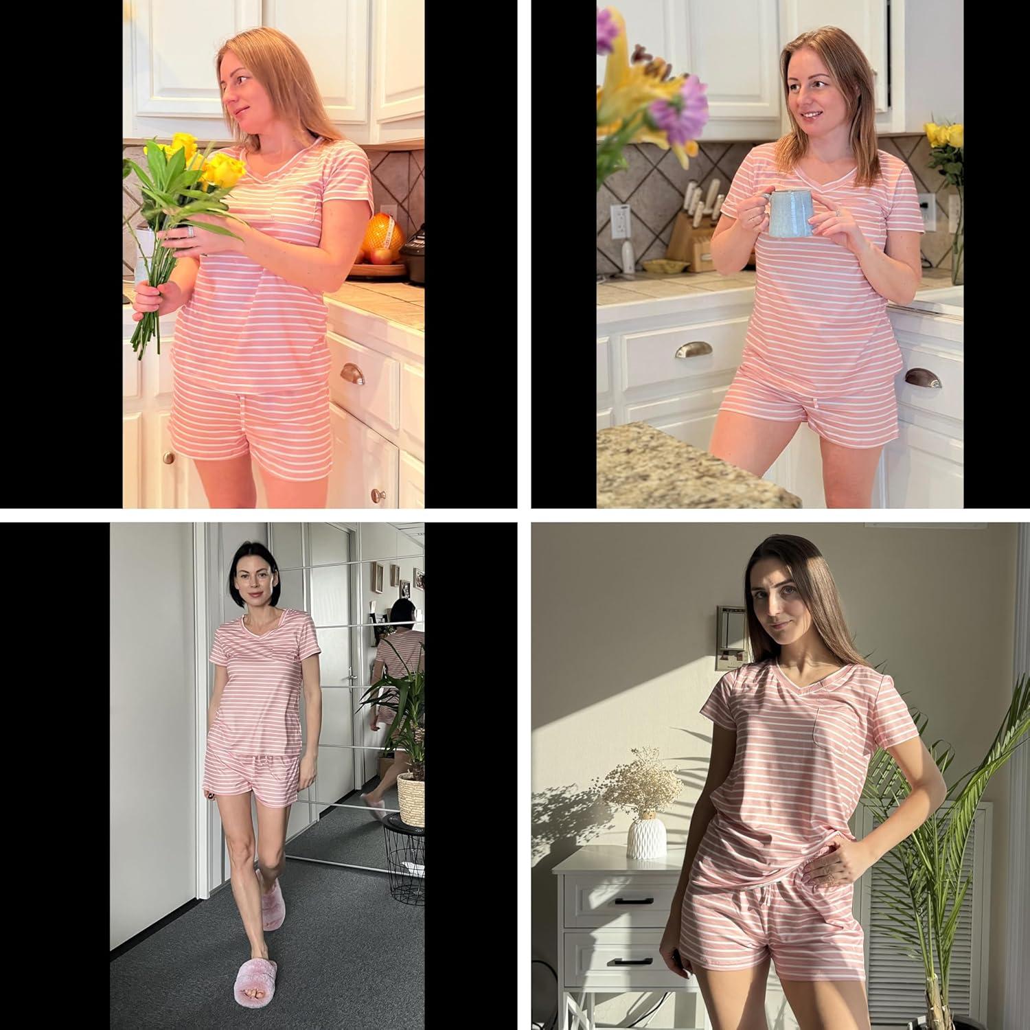 imageEkouaer Womens Pajama Sets Short Sleeve Pajamas for Women Sets Soft Lounge Sets Casual V Neck Sleepwear PJSPink and White Stripes