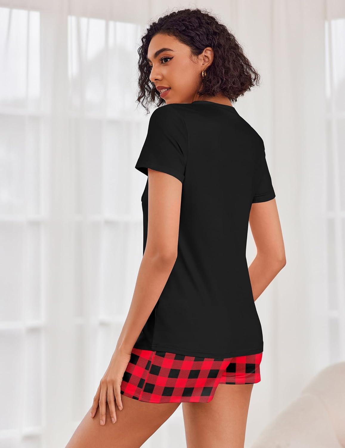 imageEkouaer Womens Pajama Sets Short Sleeve Pajamas for Women Sets Soft Lounge Sets Casual V Neck Sleepwear PJSRed Plaid