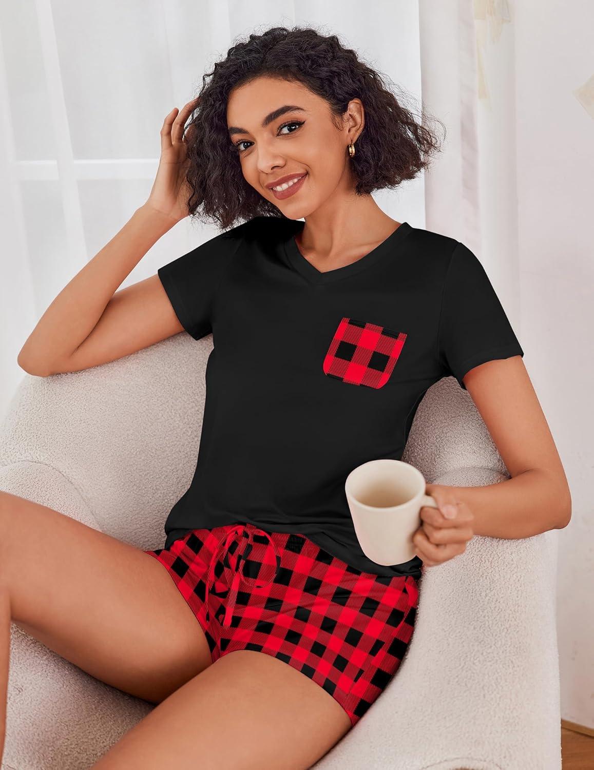imageEkouaer Womens Pajama Sets Short Sleeve Pajamas for Women Sets Soft Lounge Sets Casual V Neck Sleepwear PJSRed Plaid