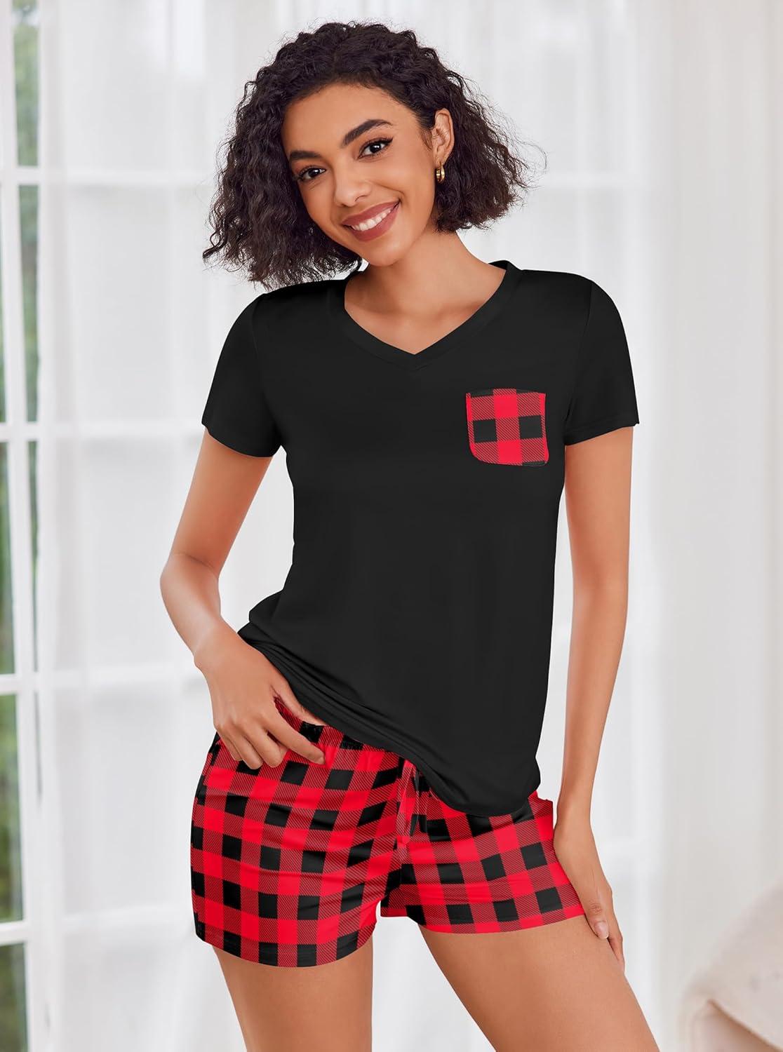 imageEkouaer Womens Pajama Sets Short Sleeve Pajamas for Women Sets Soft Lounge Sets Casual V Neck Sleepwear PJSRed Plaid