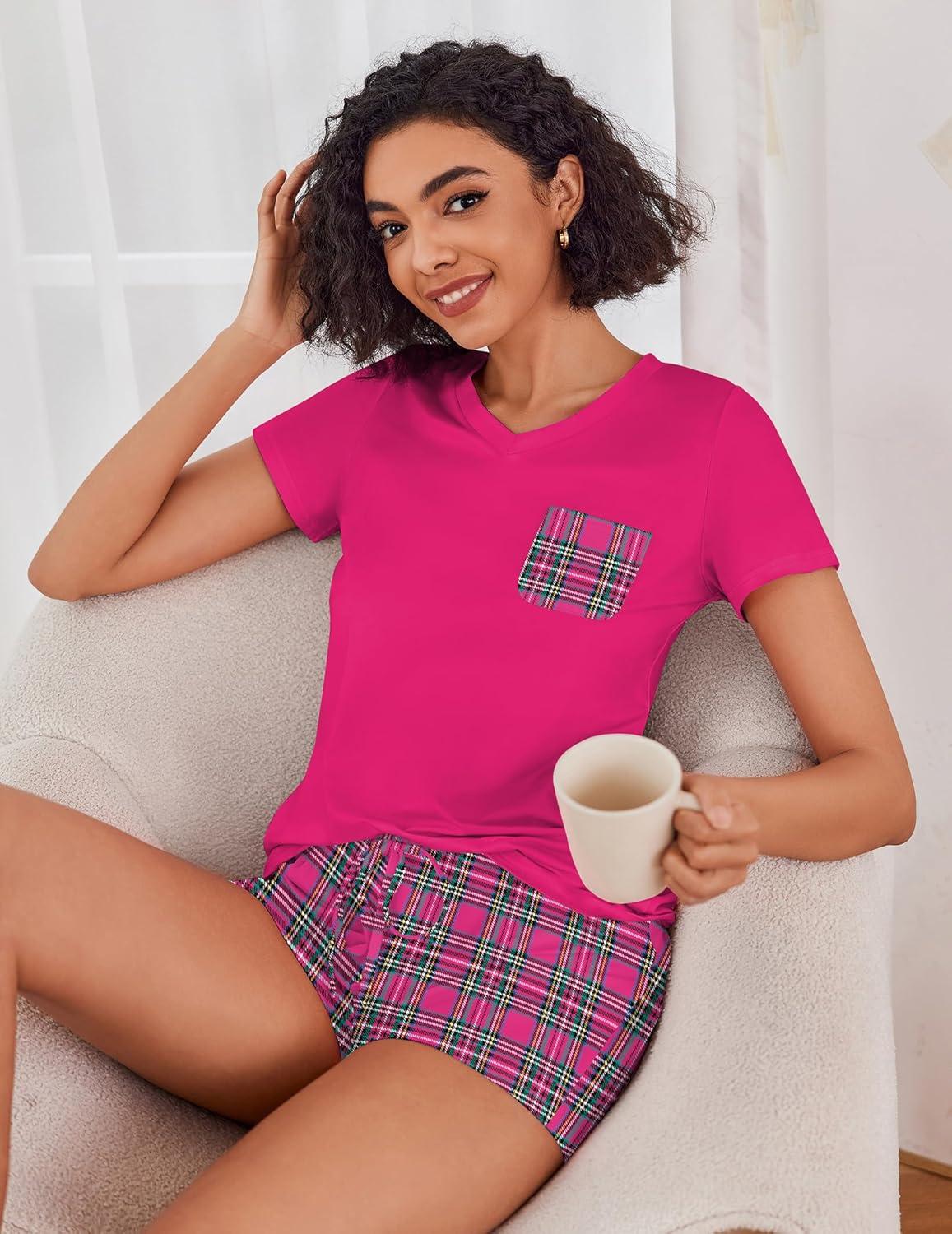 imageEkouaer Womens Pajama Sets Short Sleeve Pajamas for Women Sets Soft Lounge Sets Casual V Neck Sleepwear PJSRose Red Plaid