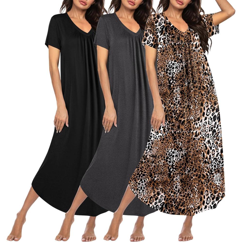 imageEkouaer 3 Pack Long Nightgowns for Women Plus Size House Dress Short Sleeve Night Gown V Neck Casual Nightshirt M5XLBlackGreyLeopard