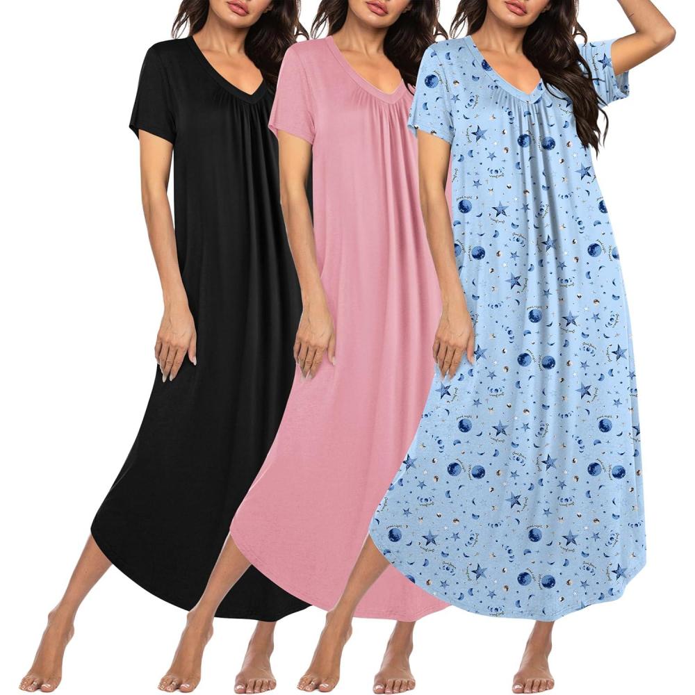 imageEkouaer 3 Pack Long Nightgowns for Women Plus Size House Dress Short Sleeve Night Gown V Neck Casual Nightshirt M5XLBlackPinkBlue Star