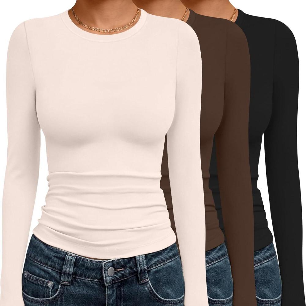imageEkouaer 3 Pack Women Long Sleeve Crew Neck Shirts Basic Thermal Tops Slim Fit Ruch Side Tees Going Out Layering Thirts XSXXLBlackBrownBeige