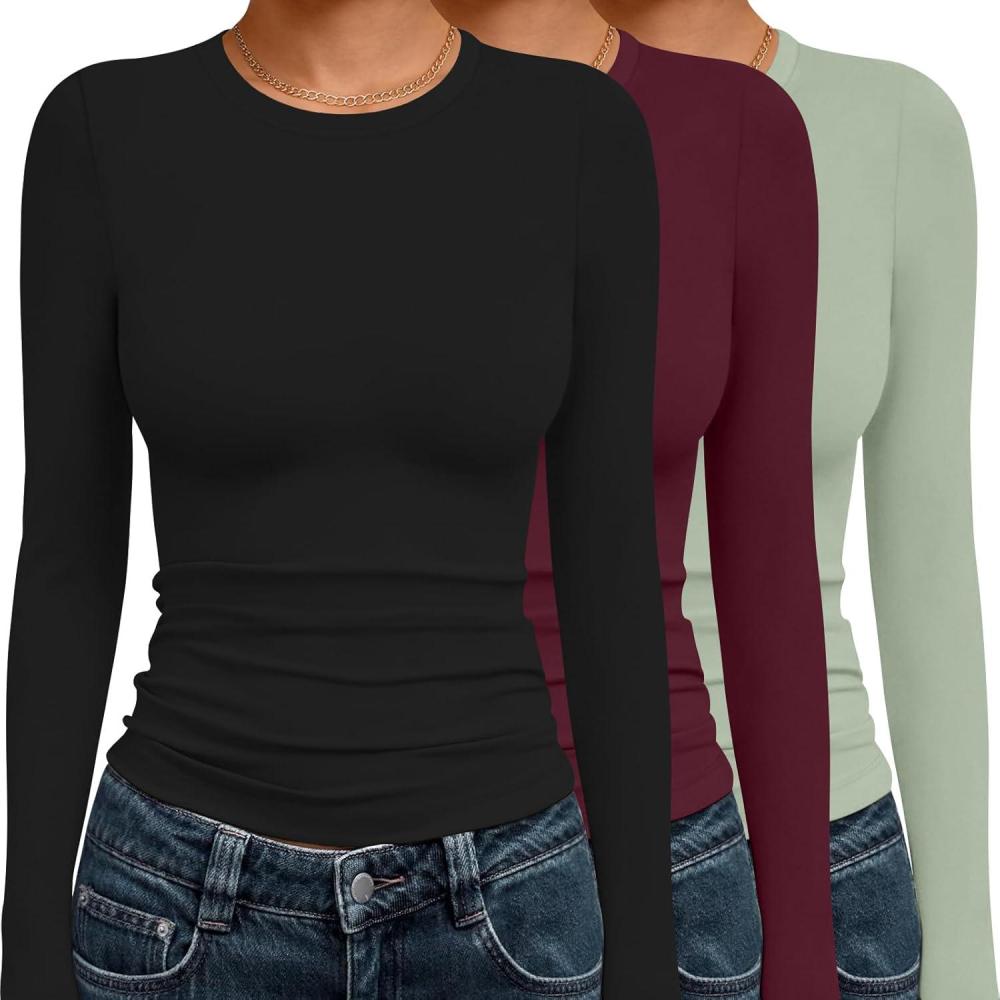 imageEkouaer 3 Pack Women Long Sleeve Crew Neck Shirts Basic Thermal Tops Slim Fit Ruch Side Tees Going Out Layering Thirts XSXXLBlackDark RedIce Green