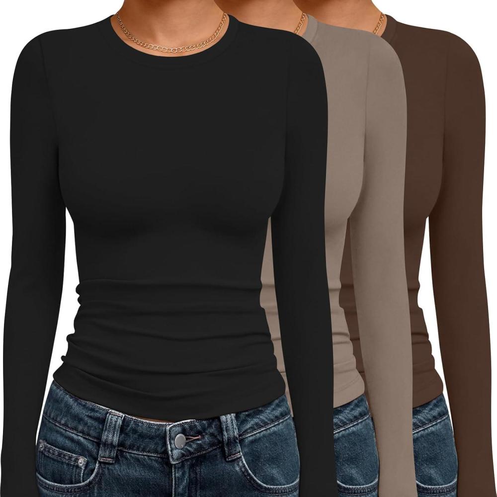 imageEkouaer 3 Pack Women Long Sleeve Crew Neck Shirts Basic Thermal Tops Slim Fit Ruch Side Tees Going Out Layering Thirts XSXXLBlackDeep GreyBrown