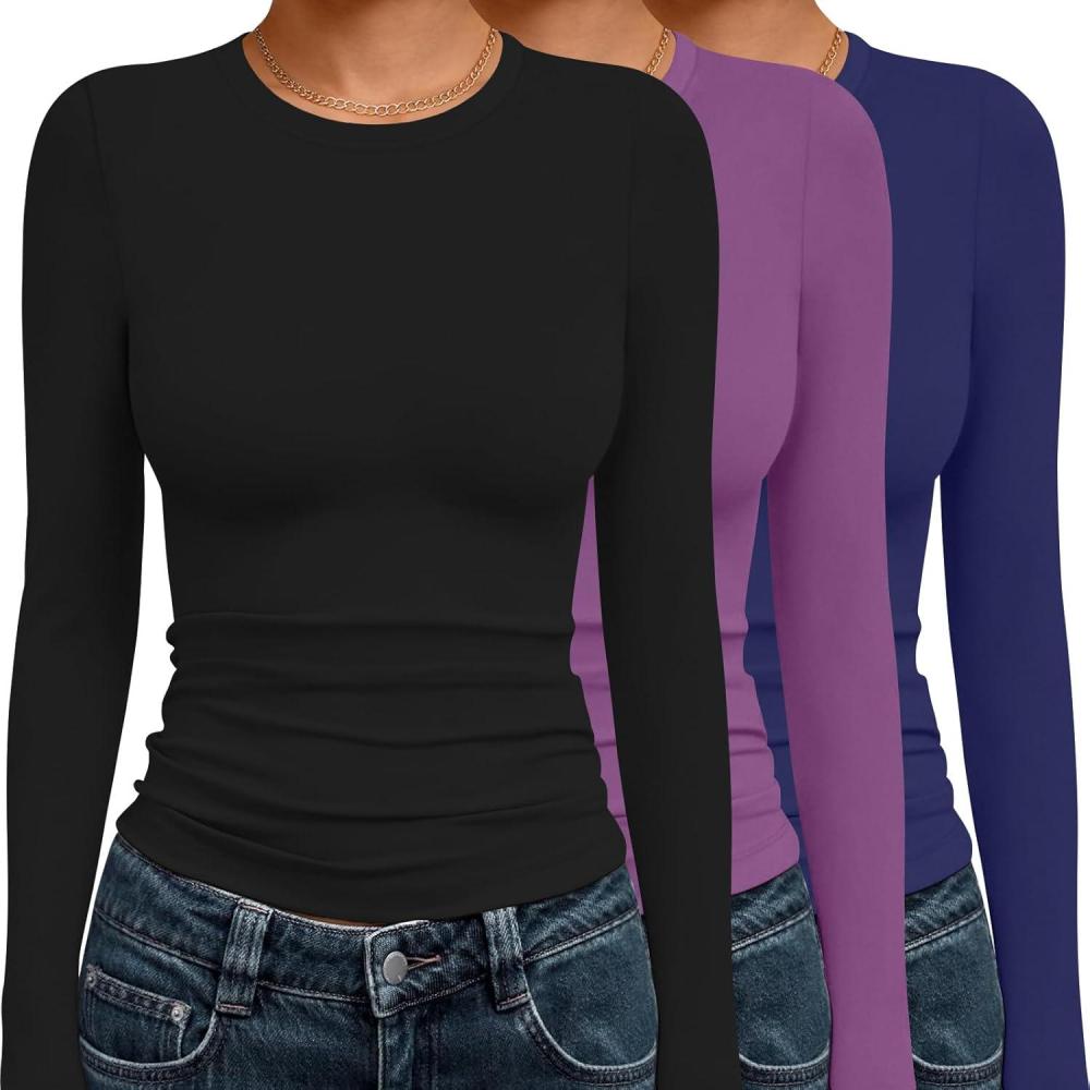 imageEkouaer 3 Pack Women Long Sleeve Crew Neck Shirts Basic Thermal Tops Slim Fit Ruch Side Tees Going Out Layering Thirts XSXXLBlackPuurpleNavy Blue