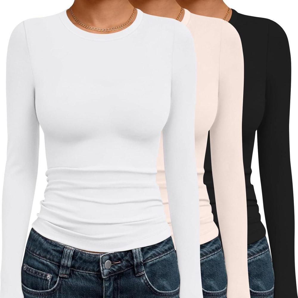 imageEkouaer 3 Pack Women Long Sleeve Crew Neck Shirts Basic Thermal Tops Slim Fit Ruch Side Tees Going Out Layering Thirts XSXXLBlackWhiteBeige