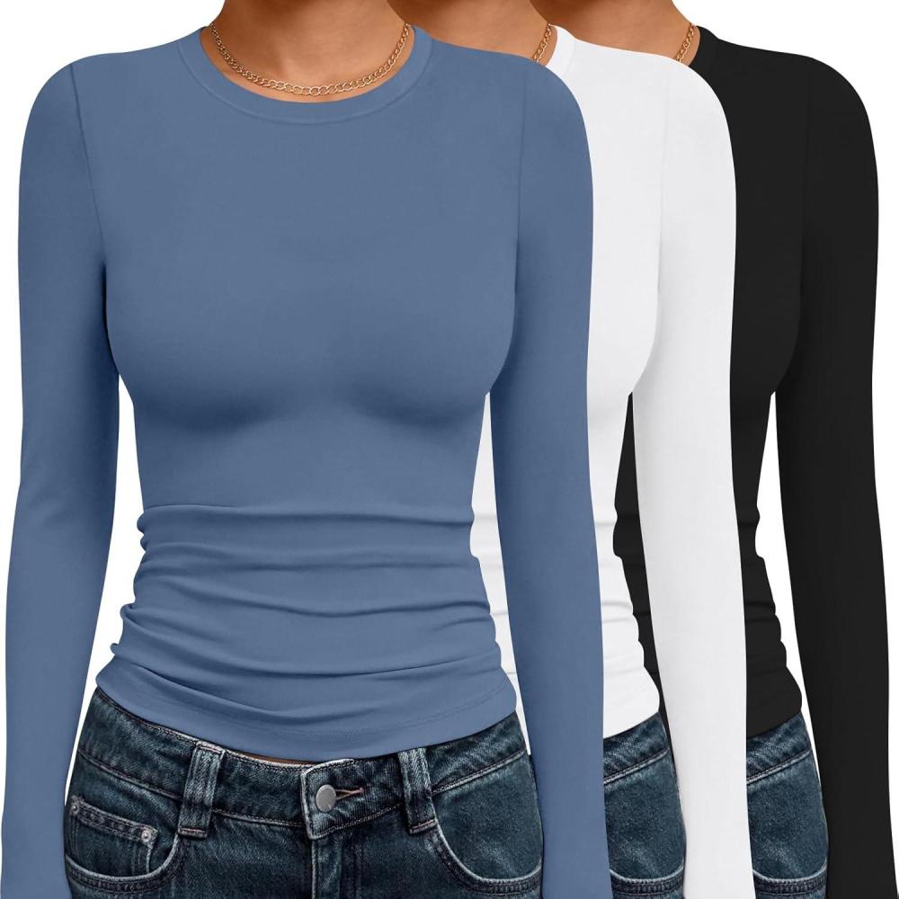 imageEkouaer 3 Pack Women Long Sleeve Crew Neck Shirts Basic Thermal Tops Slim Fit Ruch Side Tees Going Out Layering Thirts XSXXLBlackWhiteBlue Gray