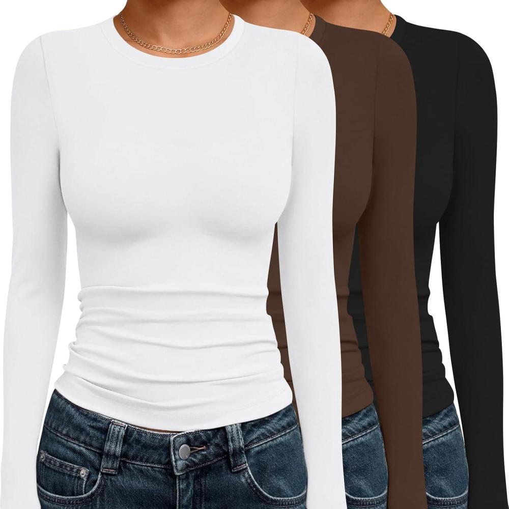 imageEkouaer 3 Pack Women Long Sleeve Crew Neck Shirts Basic Thermal Tops Slim Fit Ruch Side Tees Going Out Layering Thirts XSXXLBlackWhiteBrown