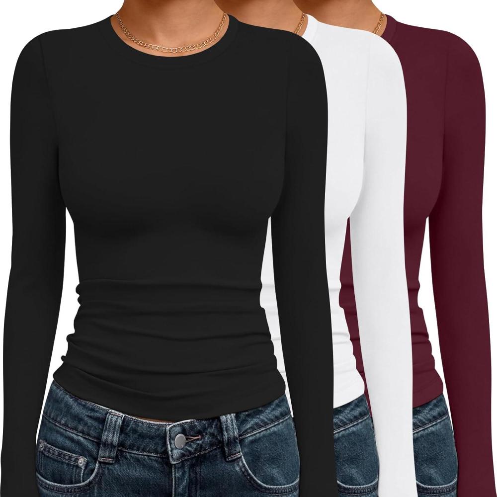 imageEkouaer 3 Pack Women Long Sleeve Crew Neck Shirts Basic Thermal Tops Slim Fit Ruch Side Tees Going Out Layering Thirts XSXXLBlackWhiteDark Red