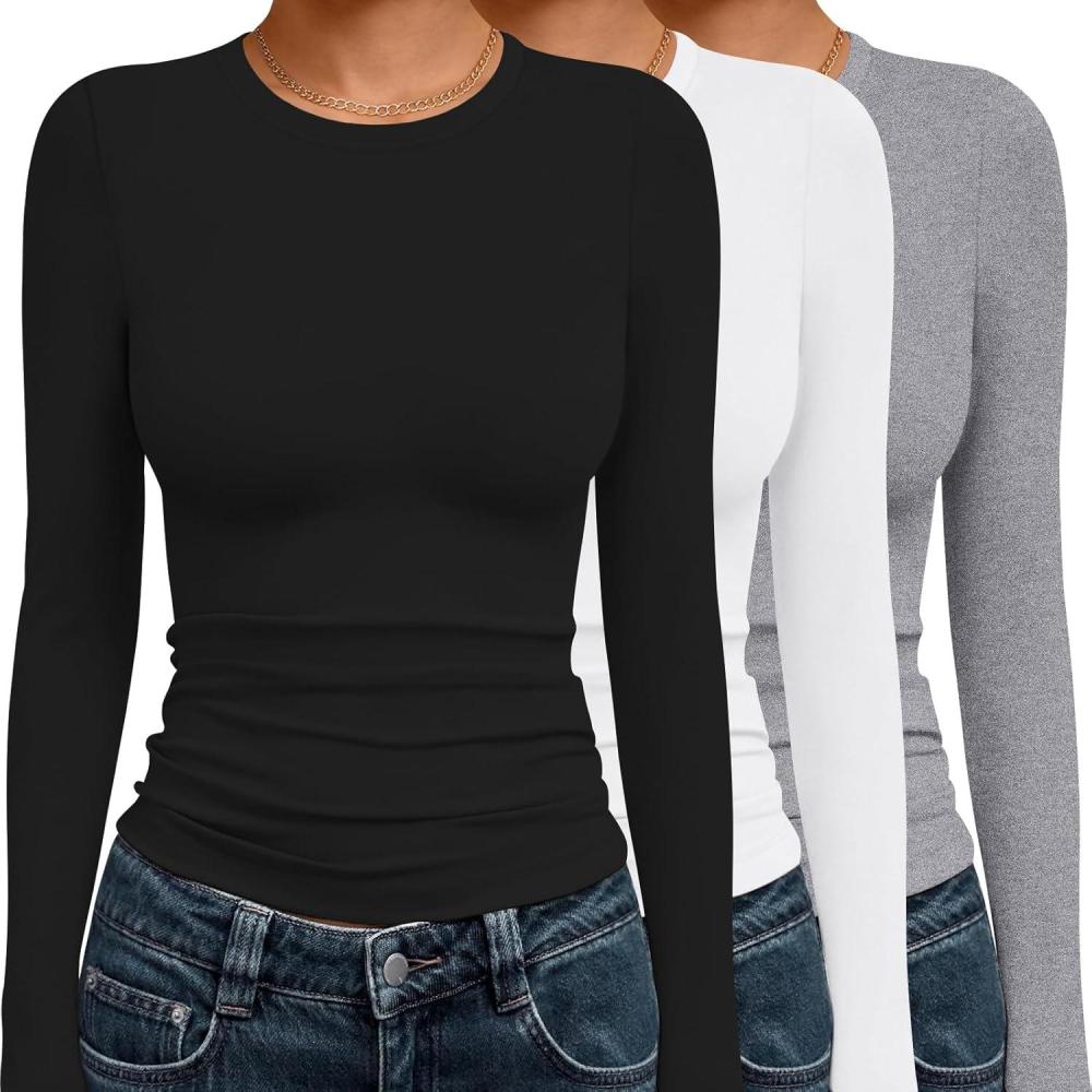 imageEkouaer 3 Pack Women Long Sleeve Crew Neck Shirts Basic Thermal Tops Slim Fit Ruch Side Tees Going Out Layering Thirts XSXXLBlackWhiteGrey