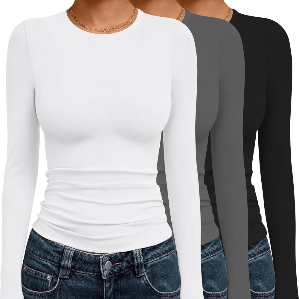 imageEkouaer 3 Pack Women Long Sleeve Crew Neck Shirts Basic Thermal Tops Slim Fit Ruch Side Tees Going Out Layering Thirts XSXXLBlackWhiteLight Grey