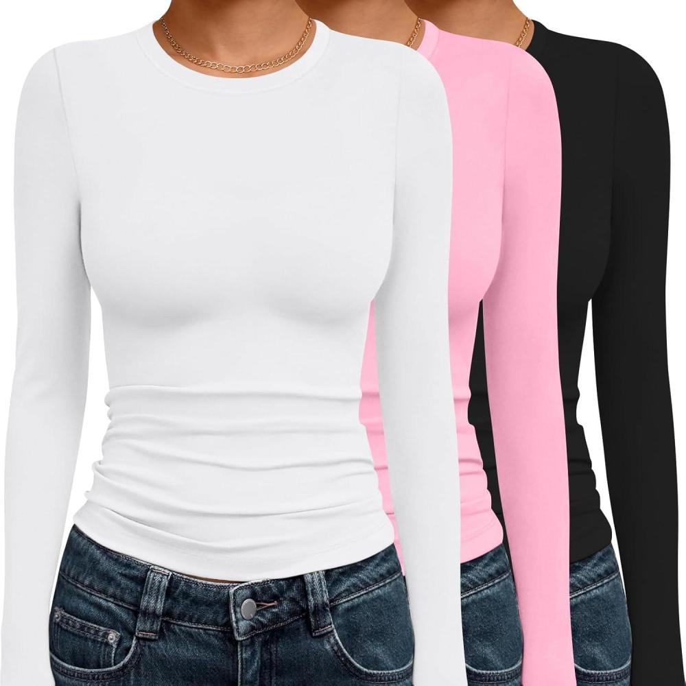 imageEkouaer 3 Pack Women Long Sleeve Crew Neck Shirts Basic Thermal Tops Slim Fit Ruch Side Tees Going Out Layering Thirts XSXXLBlackWhitePink
