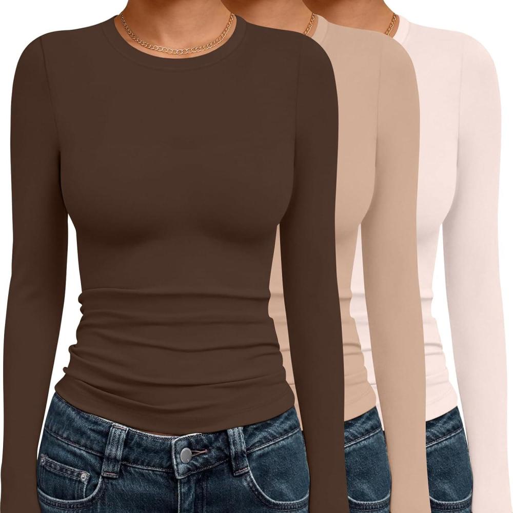 imageEkouaer 3 Pack Women Long Sleeve Crew Neck Shirts Basic Thermal Tops Slim Fit Ruch Side Tees Going Out Layering Thirts XSXXLBrownKhakiBeige