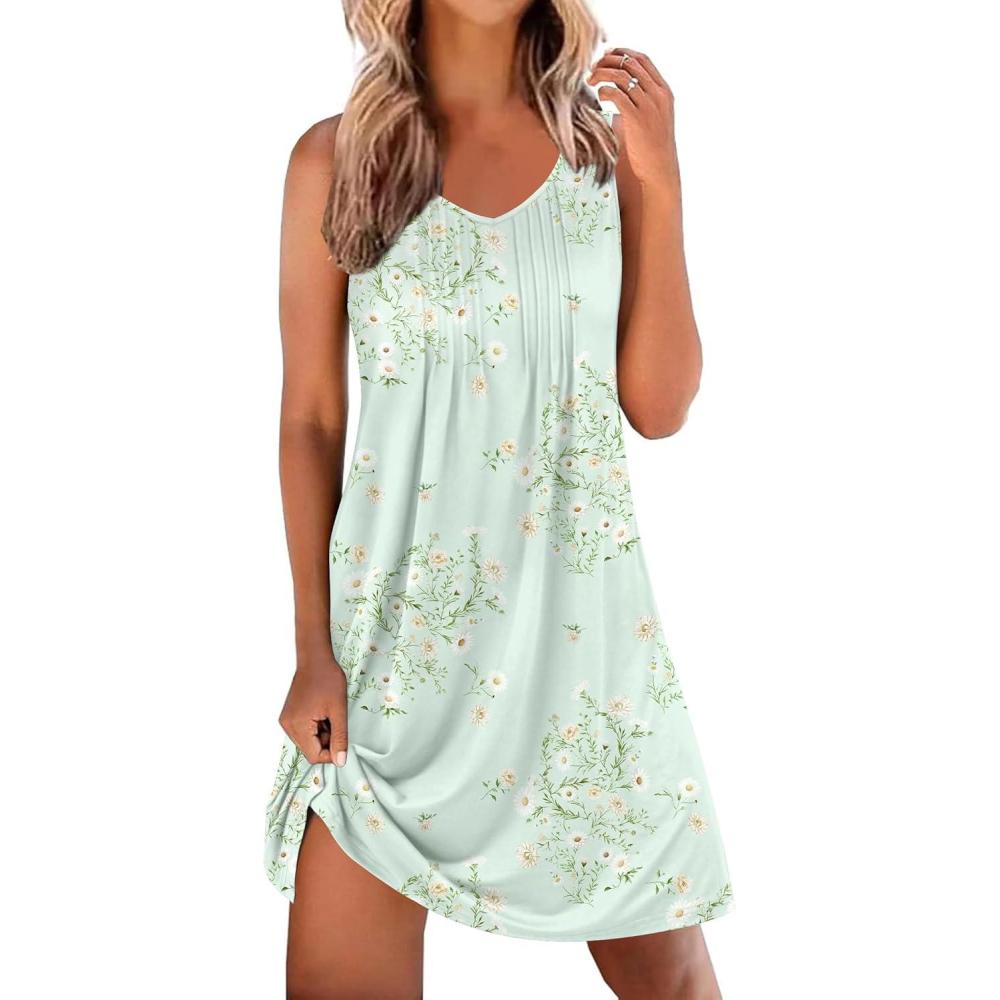 imageEkouaer Cotton Nightgowns for Women Sleeveless Night Gown Tank Sleep Shirts Pleated Night Shirts V Neck ChemiseFloral Mint Green