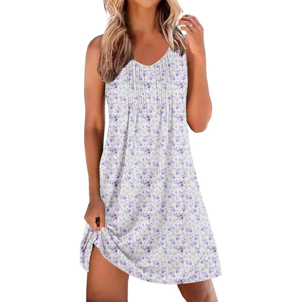imageEkouaer Cotton Nightgowns for Women Sleeveless Night Gown Tank Sleep Shirts Pleated Night Shirts V Neck ChemiseFloral Purple