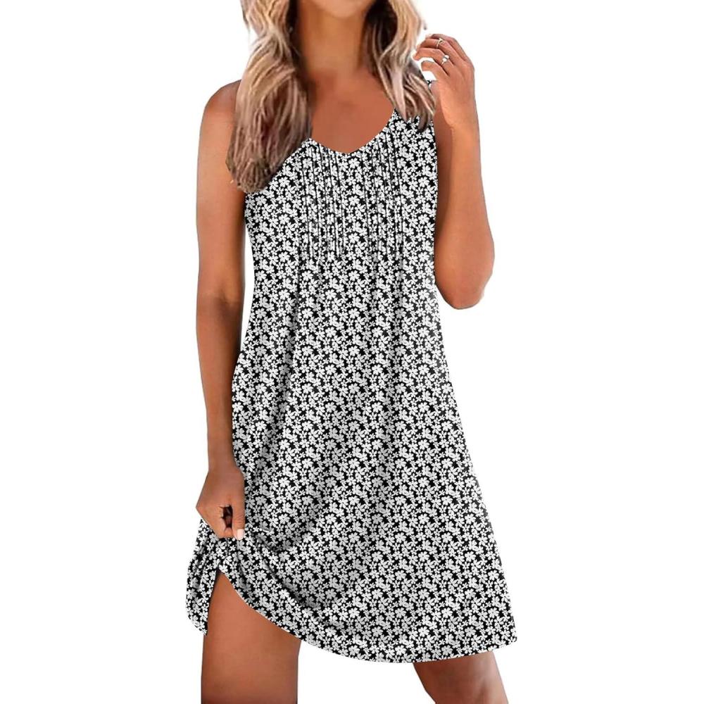 imageEkouaer Cotton Nightgowns for Women Sleeveless Night Gown Tank Sleep Shirts Pleated Night Shirts V Neck ChemiseFloral White