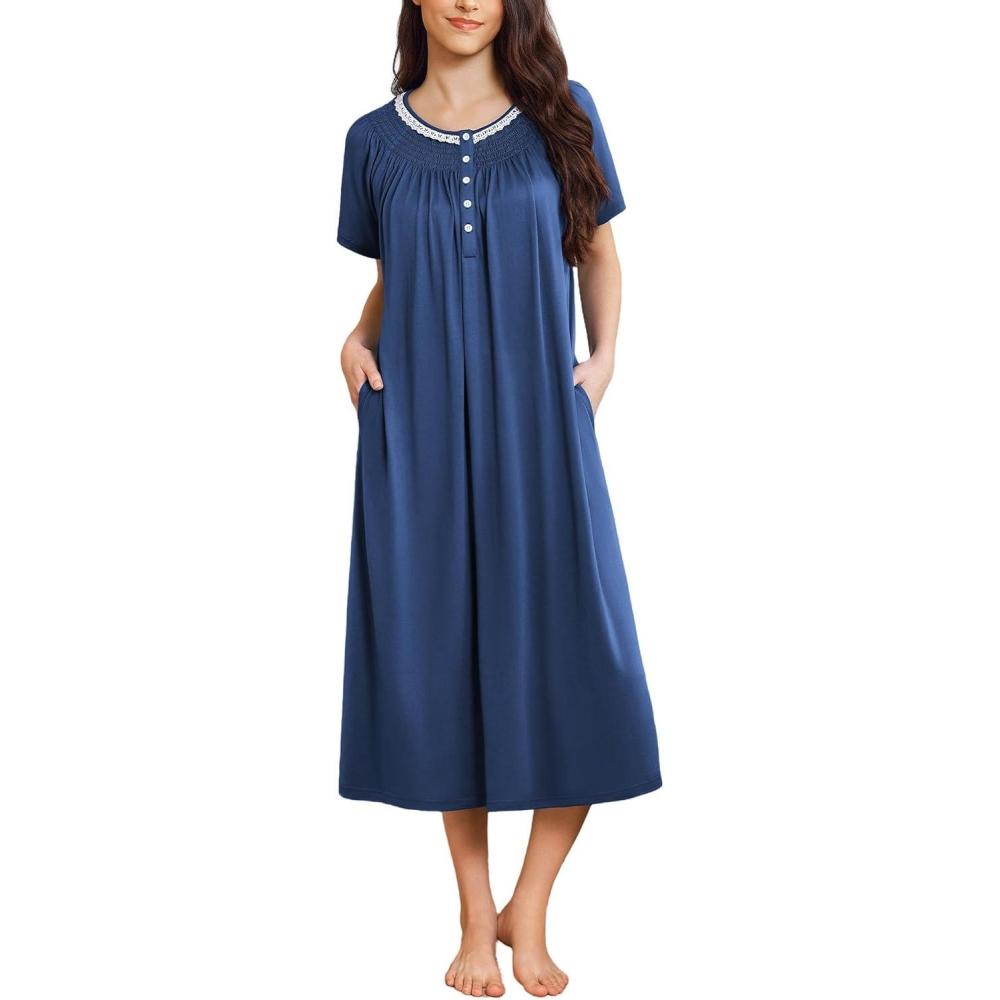 imageEkouaer Long Nightgowns for Women Short Sleeve Sleepshirt Button Sleep Dress with PocketsBlue