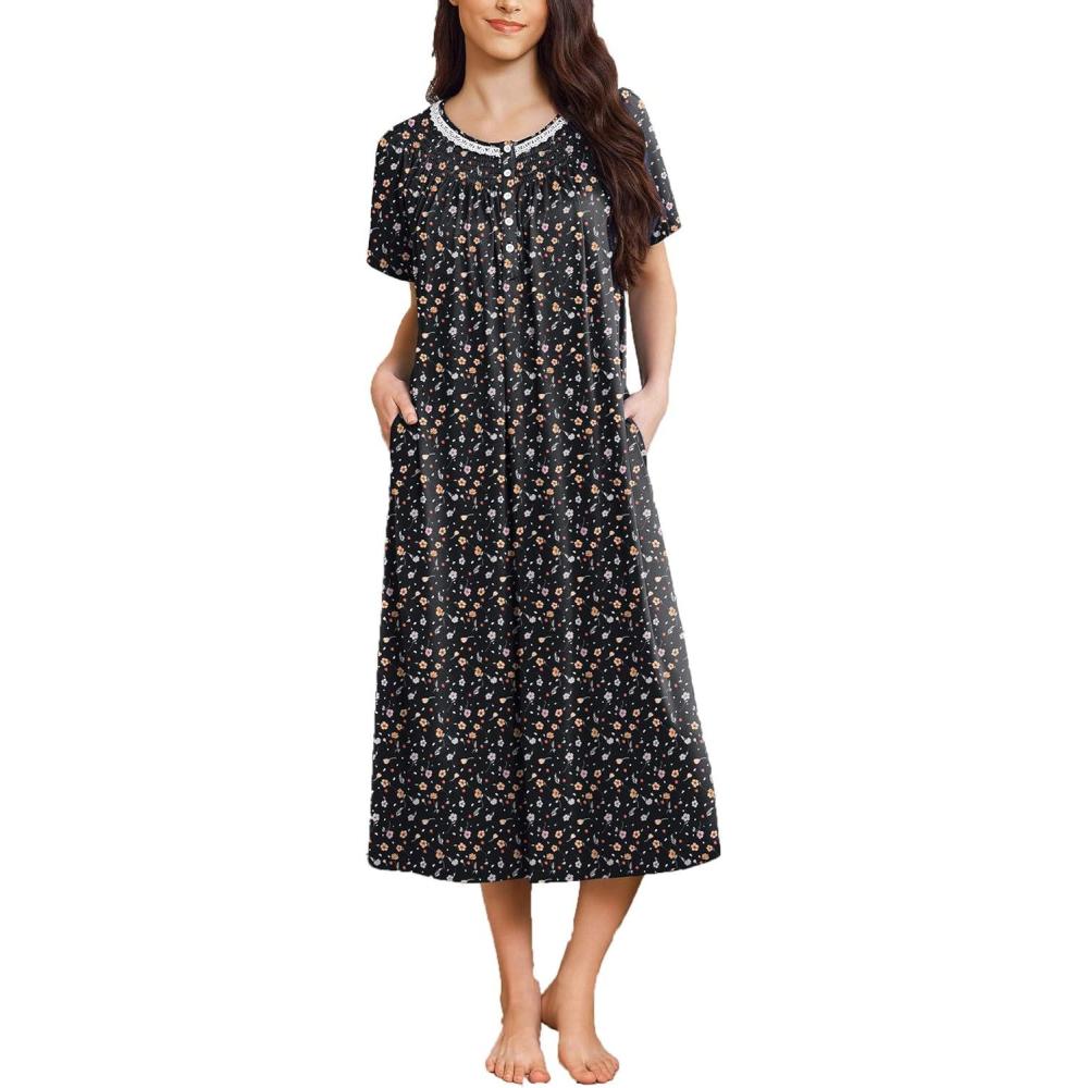 imageEkouaer Long Nightgowns for Women Short Sleeve Sleepshirt Button Sleep Dress with PocketsNavy Blue Floral
