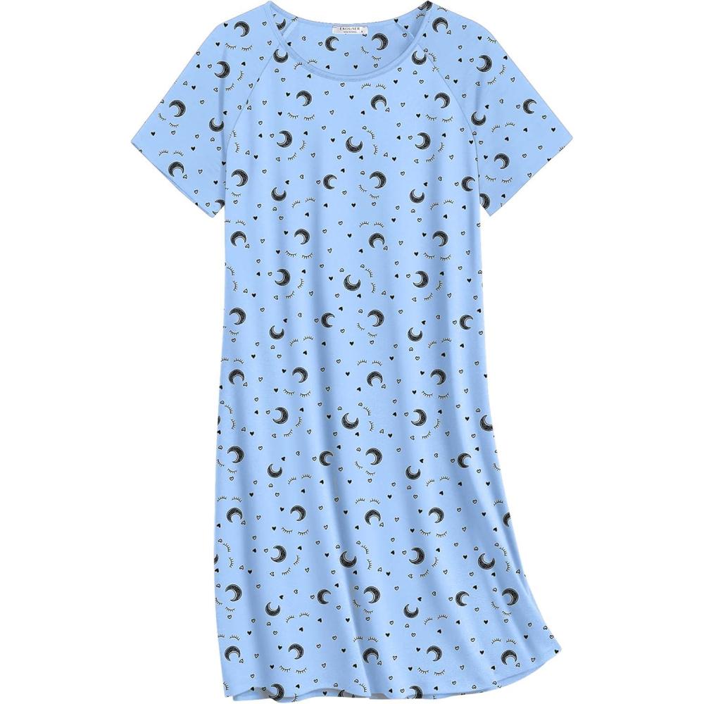 imageEkouaer Nightgowns for Women Cotton Sleep Shirts Short Sleeve Nightshirt Crew Neck Night Gown Comfy Sleepwear NightdressBlue Moon