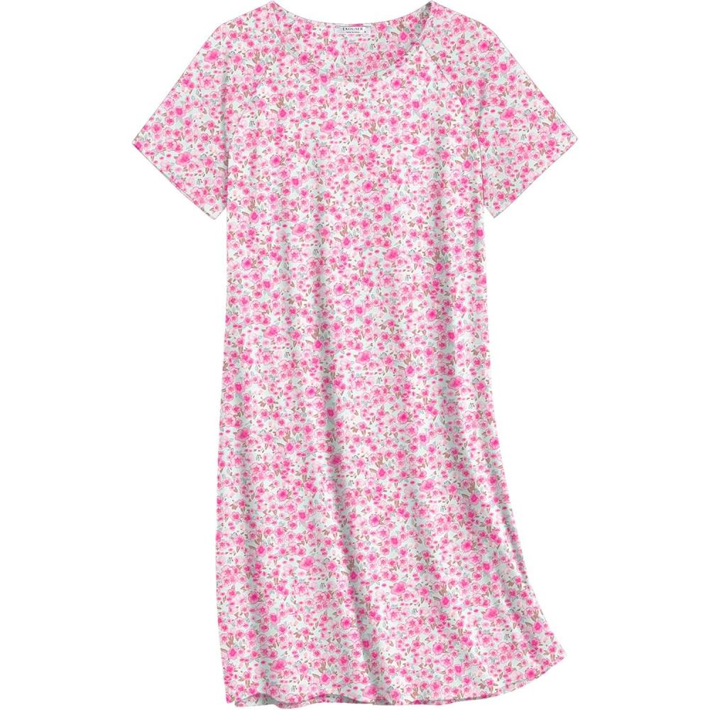 imageEkouaer Nightgowns for Women Cotton Sleep Shirts Short Sleeve Nightshirt Crew Neck Night Gown Comfy Sleepwear NightdressPink Floral