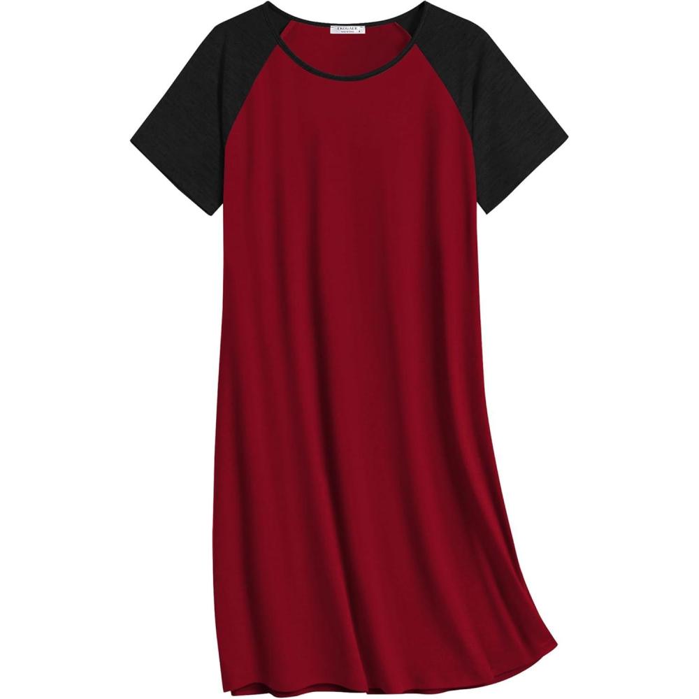 imageEkouaer Nightgowns for Women Cotton Sleep Shirts Short Sleeve Nightshirt Crew Neck Night Gown Comfy Sleepwear NightdressWine Red