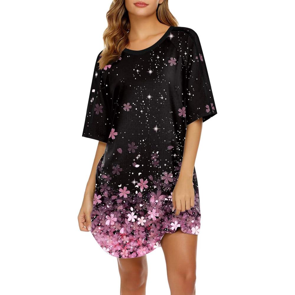imageEkouaer Nightgowns for Women Short Sleeves Sleep Shirt Crew Neck Night Shirt Colorblock Sleep Dress